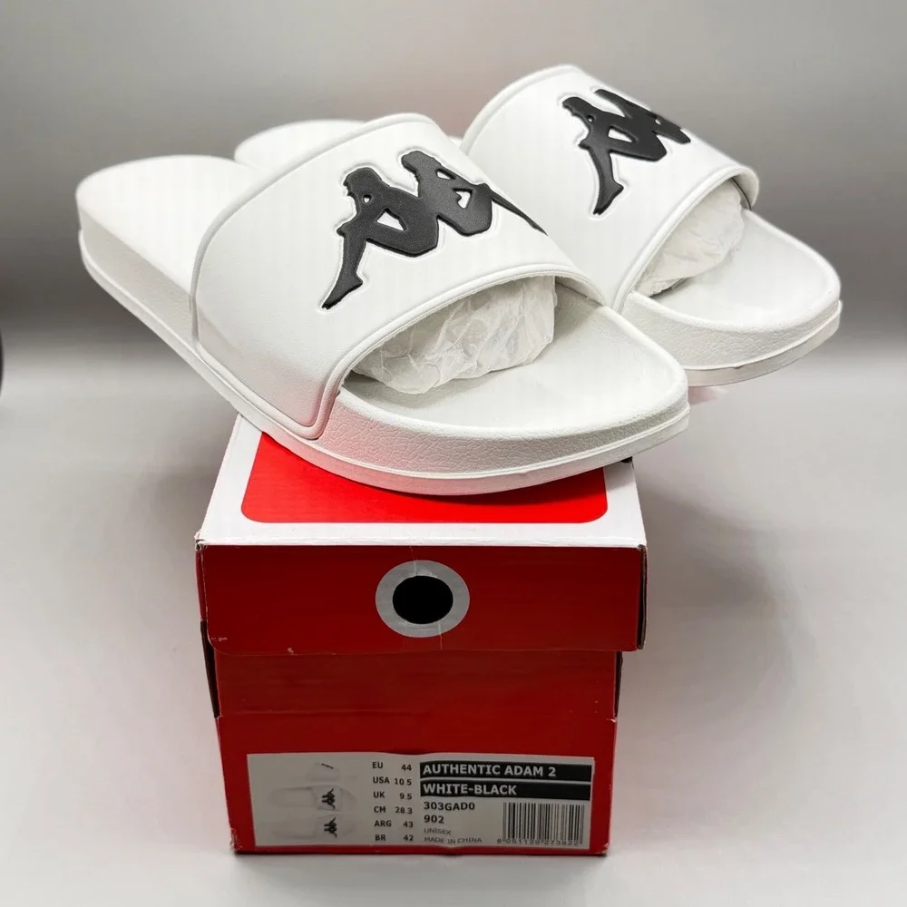 Kappa Authentic Adam 2 Slides White Black Sandals 303GAD0 Mens Size 10.5 US